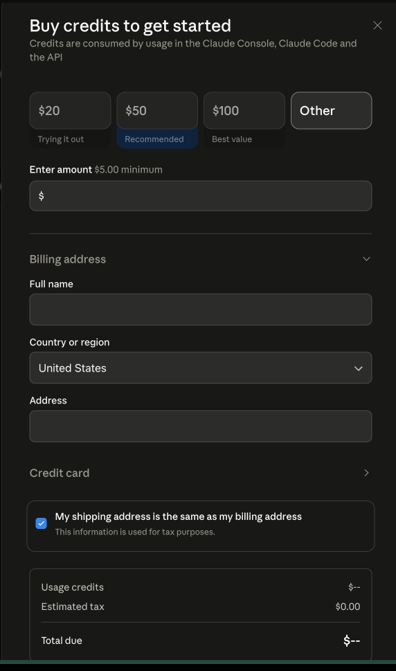 Anthropic Console billing screen for buying credits and adding billing details