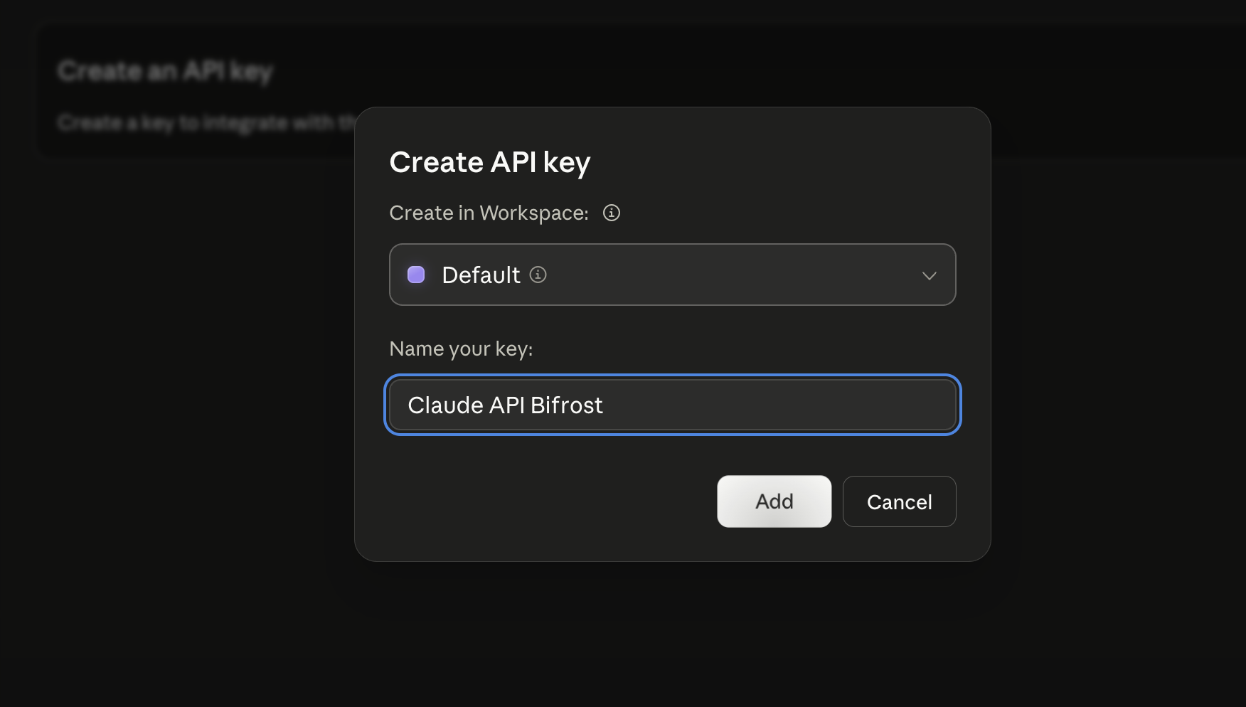 Anthropic Console dialog for creating a new API key in a workspace