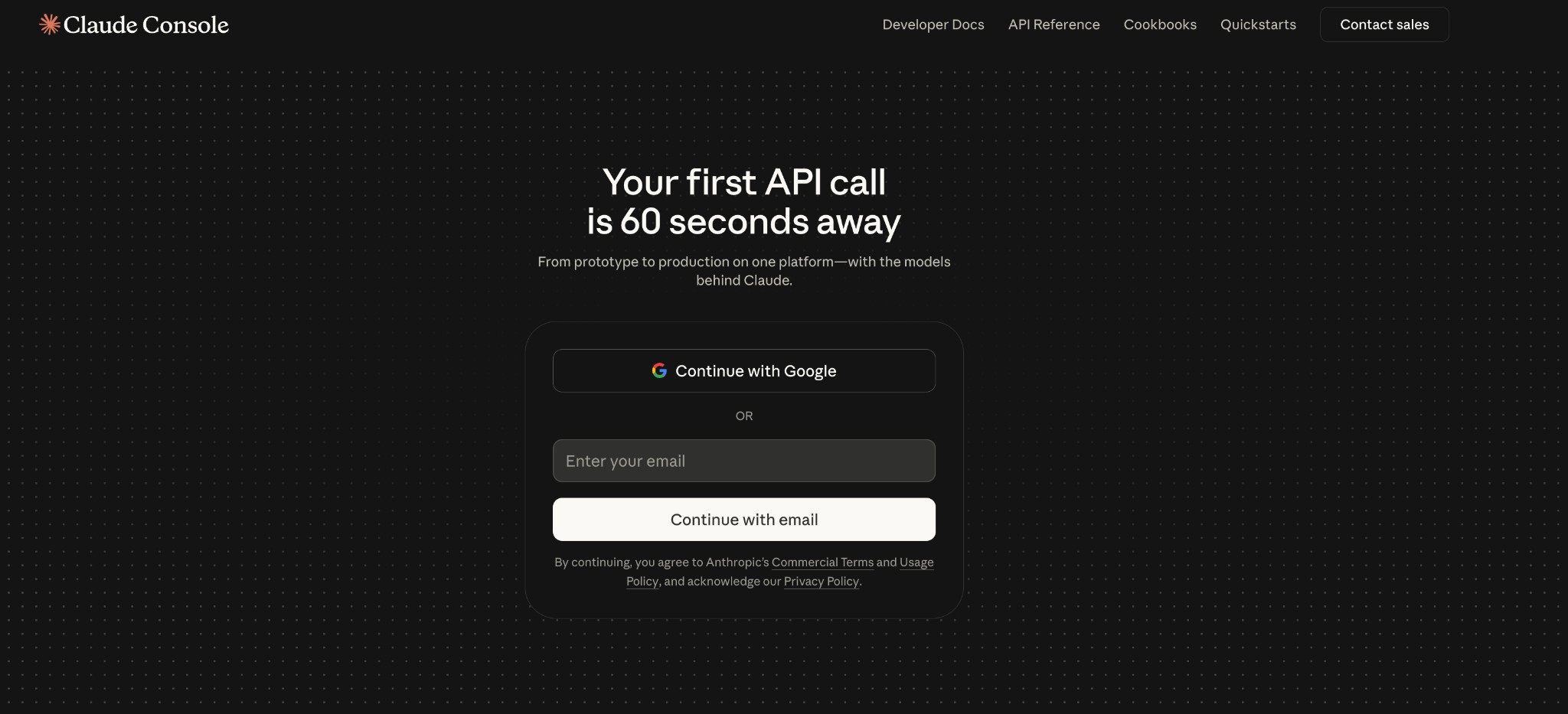 Anthropic Console sign-up screen for creating a Claude API developer account