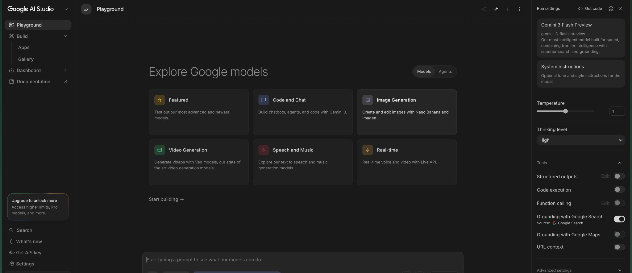 Google AI Studio dashboard with Explore Google models and Get API key in the sidebar
