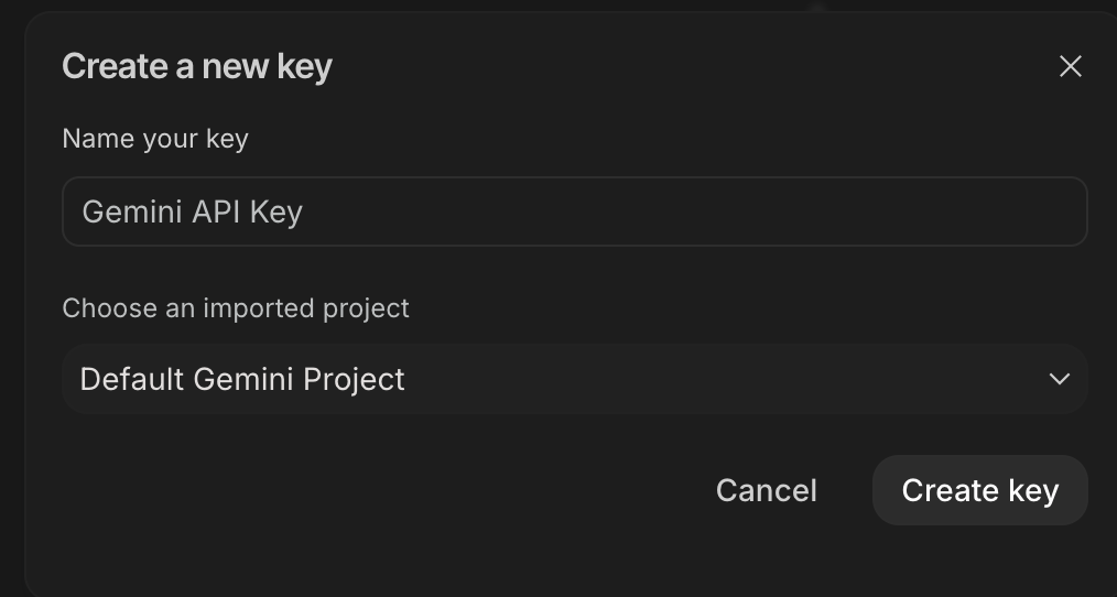 Google AI Studio Create a new key dialog with name, project selection, and Create key button