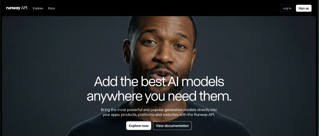 Runway API developer portal homepage with Log in and Sign up options